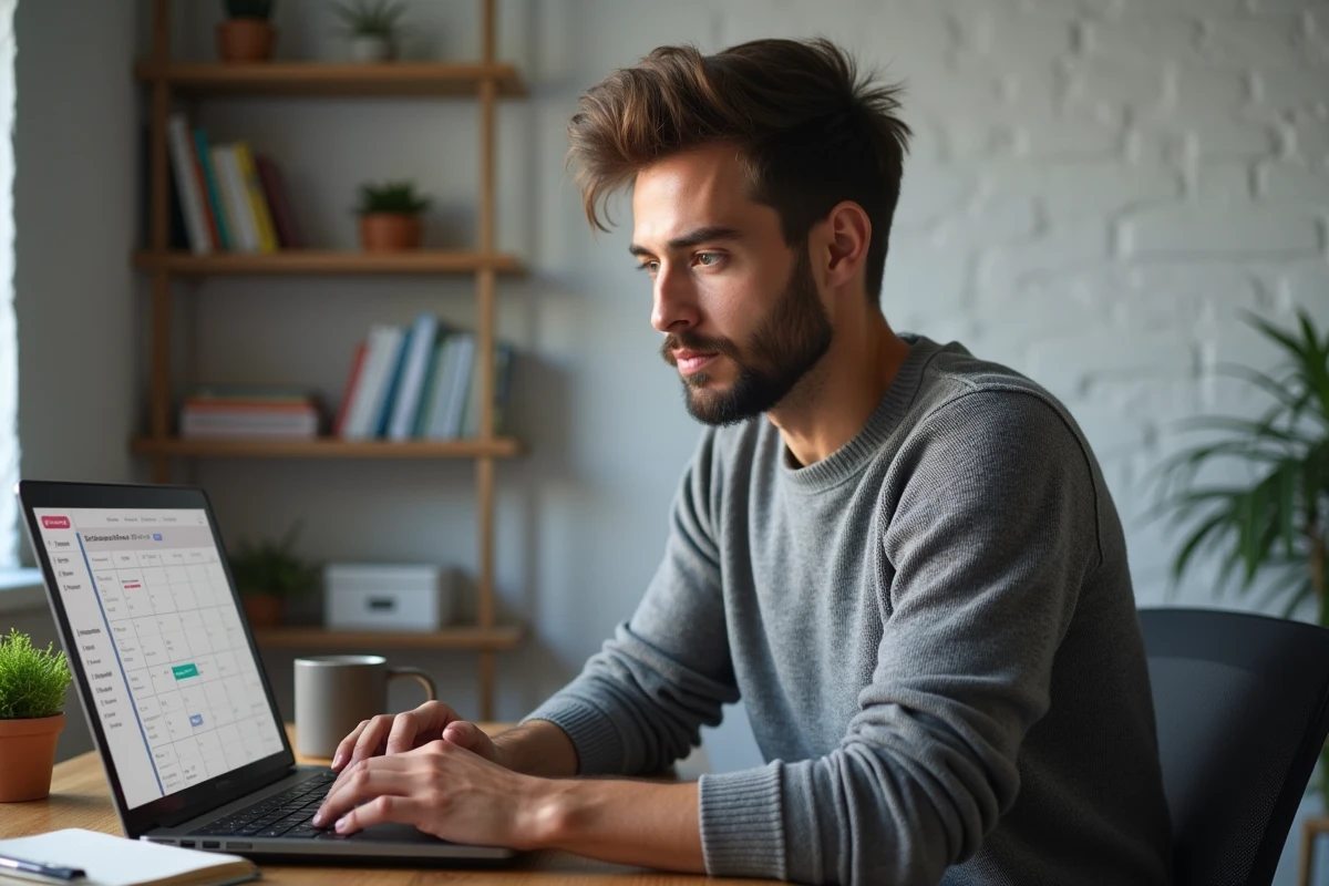 Jeune professionnel du marketing digital travaillant sur une stratégie de contenu depuis son bureau à domicile