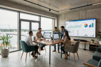Équipe d'une agence digitale dans le Finistère analysant des campagnes Google Ads sur plusieurs écrans dans un open-space moderne avec vue sur le port de Brest