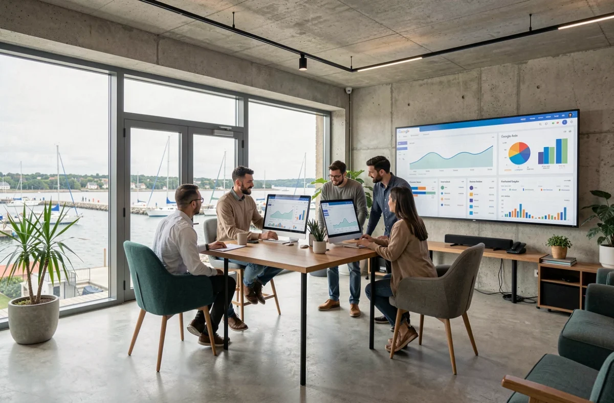 Équipe d'une agence digitale dans le Finistère analysant des campagnes Google Ads sur plusieurs écrans dans un open-space moderne avec vue sur le port de Brest