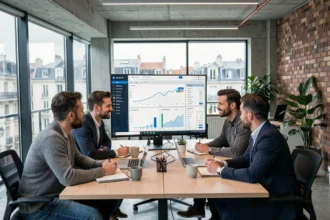 Équipe d'une agence SEO à Lyon travaillant sur des tableaux de bord d'analyse et de référencement naturel dans un bureau moderne