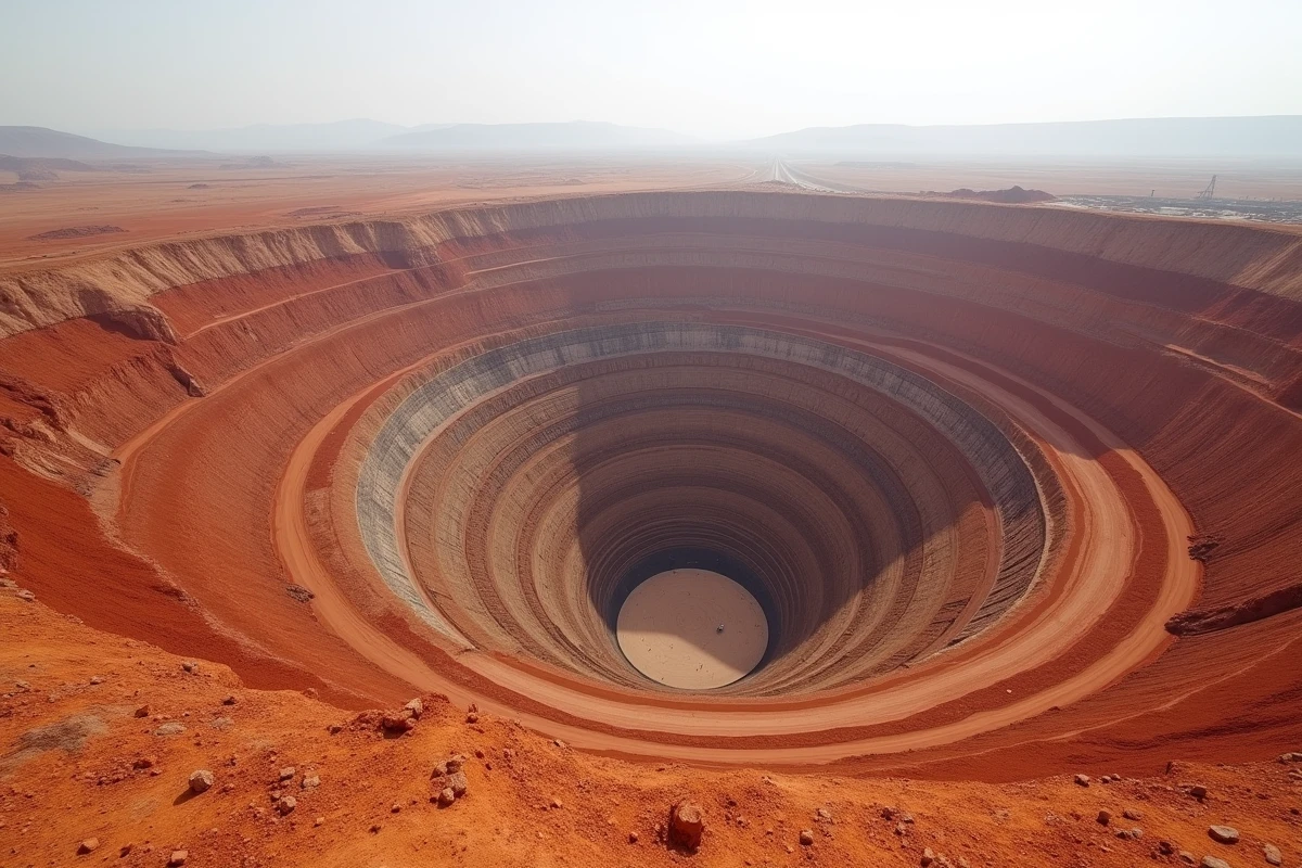 Vue aérienne grand angle d'une mine à ciel ouvert avec terrasses de terre rouge et végétation dégradée autour du site d'extraction