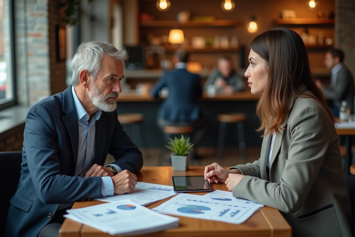 Deux professionnels négociant le prix d'acquisition d'une entreprise et la prime de goodwill dans un café