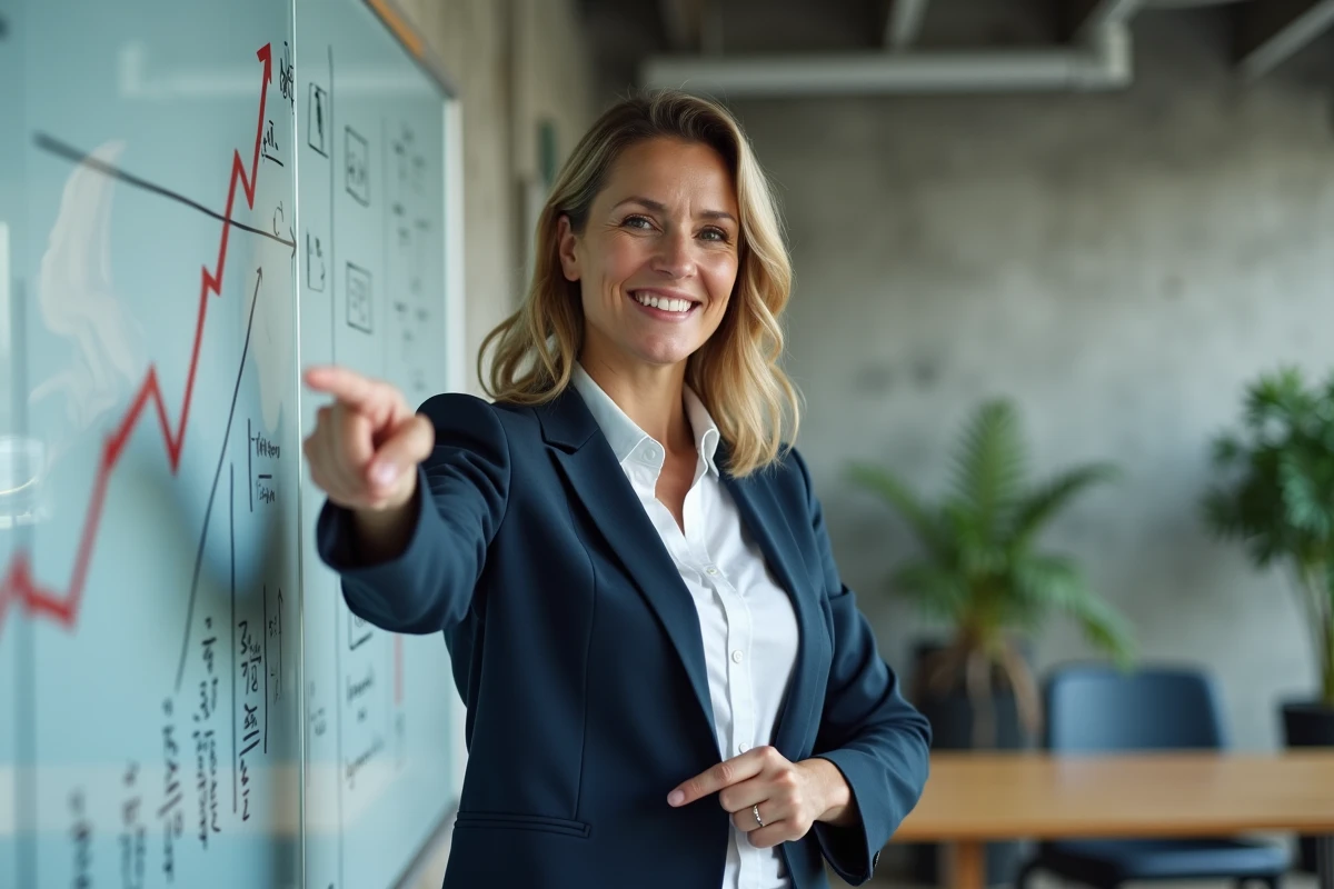 Femme d'affaires présentant une stratégie de croissance devant un tableau blanc dans un bureau moderne