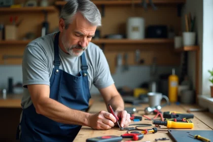 Homme en tablier d'atelier arrangeant des outils électroniques essentiels sur un établi en bois, multimètre et pinces bien visibles
