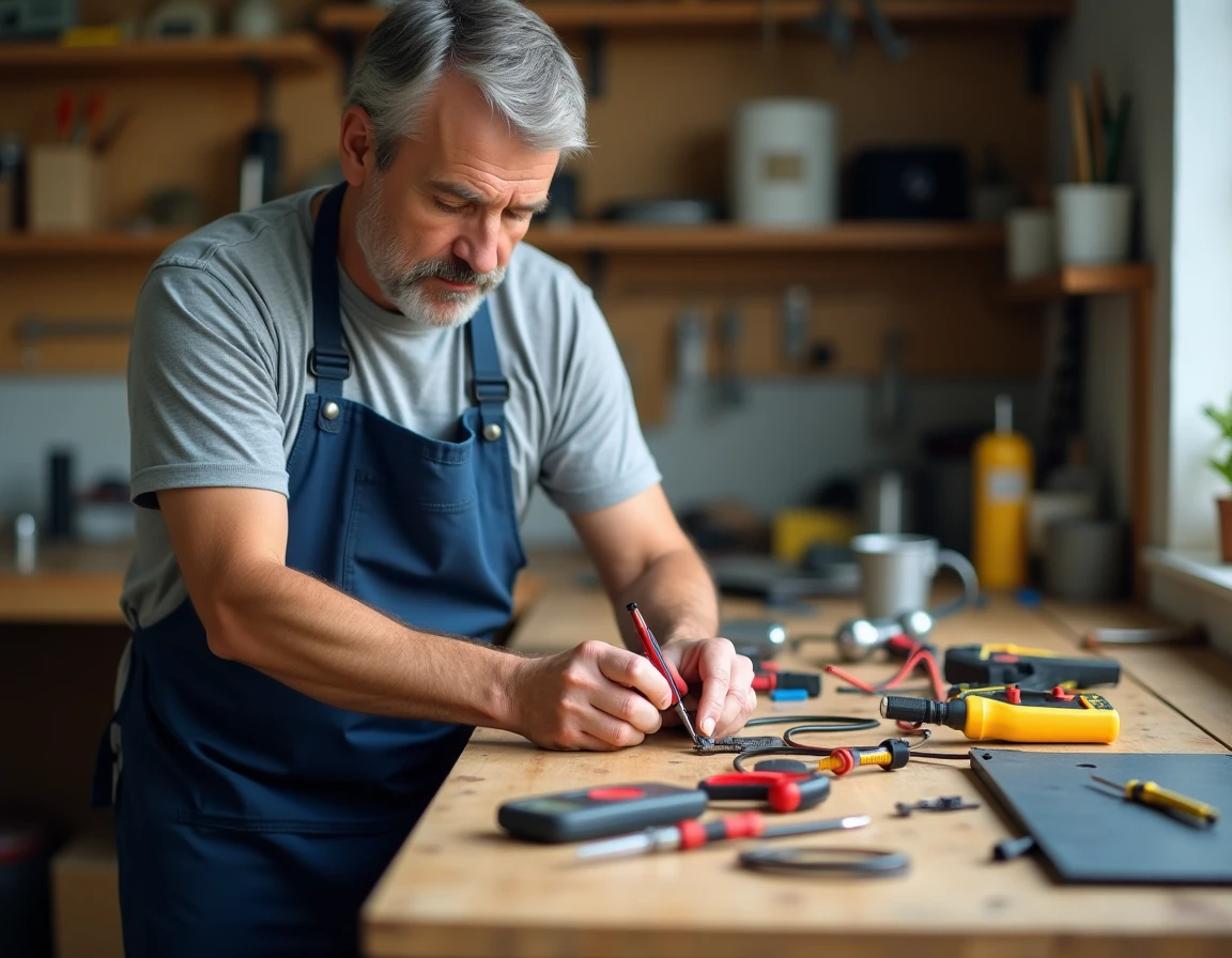 Homme en tablier d'atelier arrangeant des outils électroniques essentiels sur un établi en bois, multimètre et pinces bien visibles