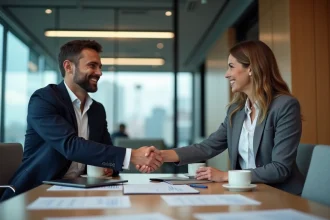 Deux professionnels concluant un partenariat stratégique lors d'une réunion B2B en open-space moderne