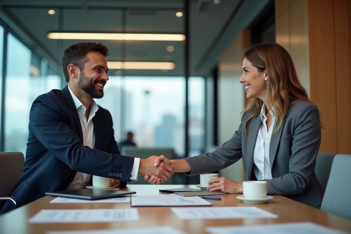 Deux professionnels concluant un partenariat stratégique lors d'une réunion B2B en open-space moderne
