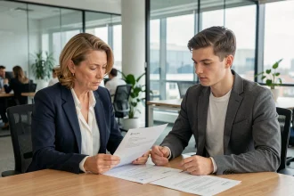 Responsable RH et salarié signant un contrat CDI lors d'un entretien professionnel en entreprise