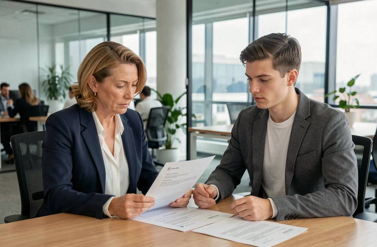 Responsable RH et salarié signant un contrat CDI lors d'un entretien professionnel en entreprise