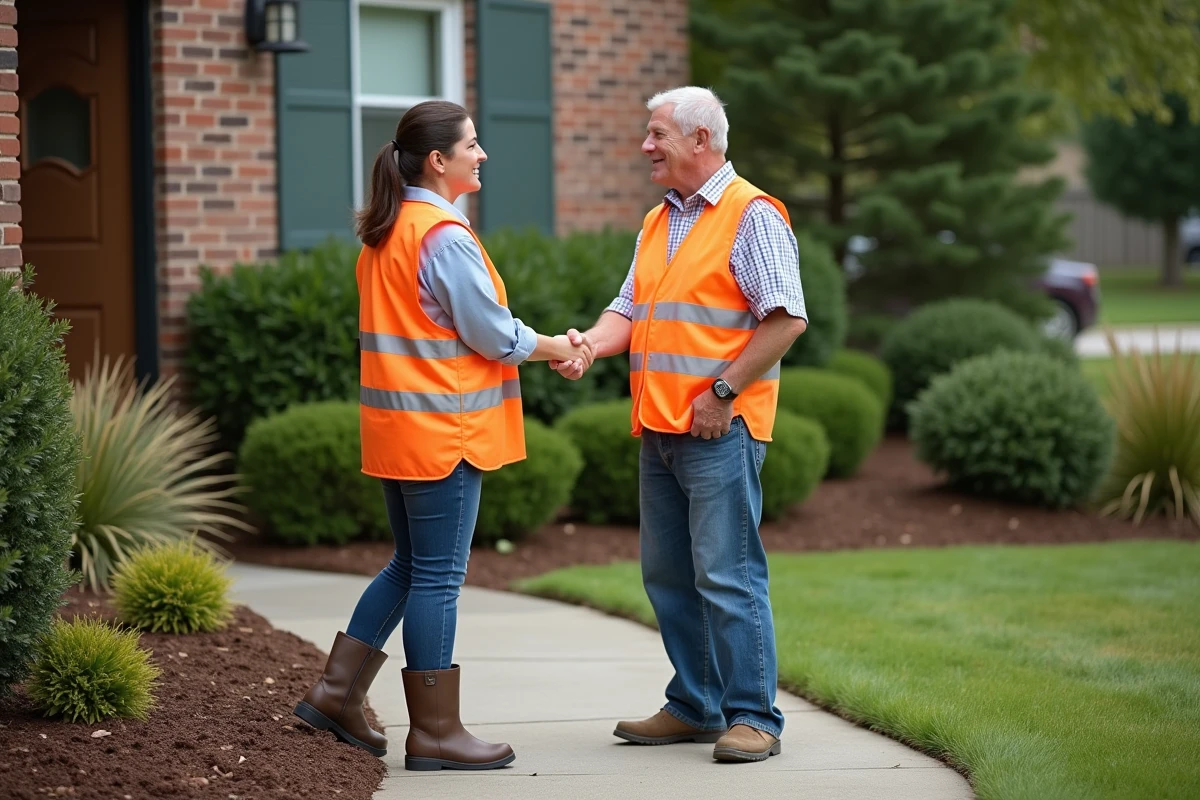 Paysagiste professionnelle serrant la main d'un client devant un jardin résidentiel aménagé