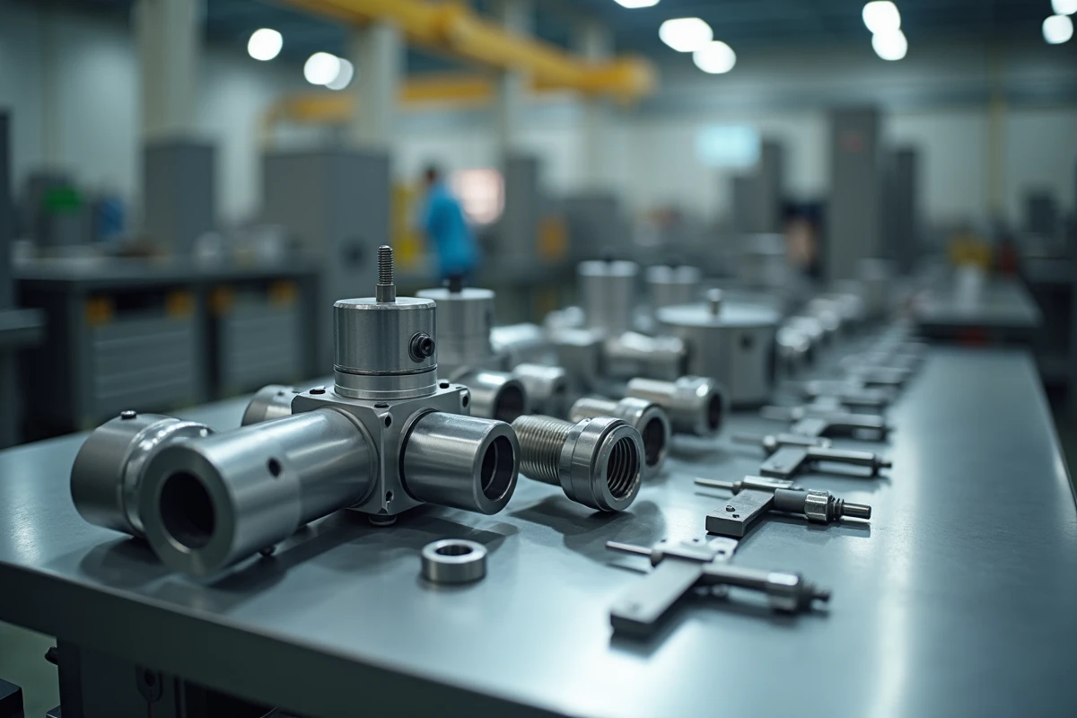 Pièces métalliques de précision sur un établi d'usine représentant la production industrielle d'une société à Annecy
