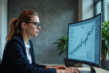 Responsable digitale analysant une feuille de route stratégique sur un écran dans un bureau moderne