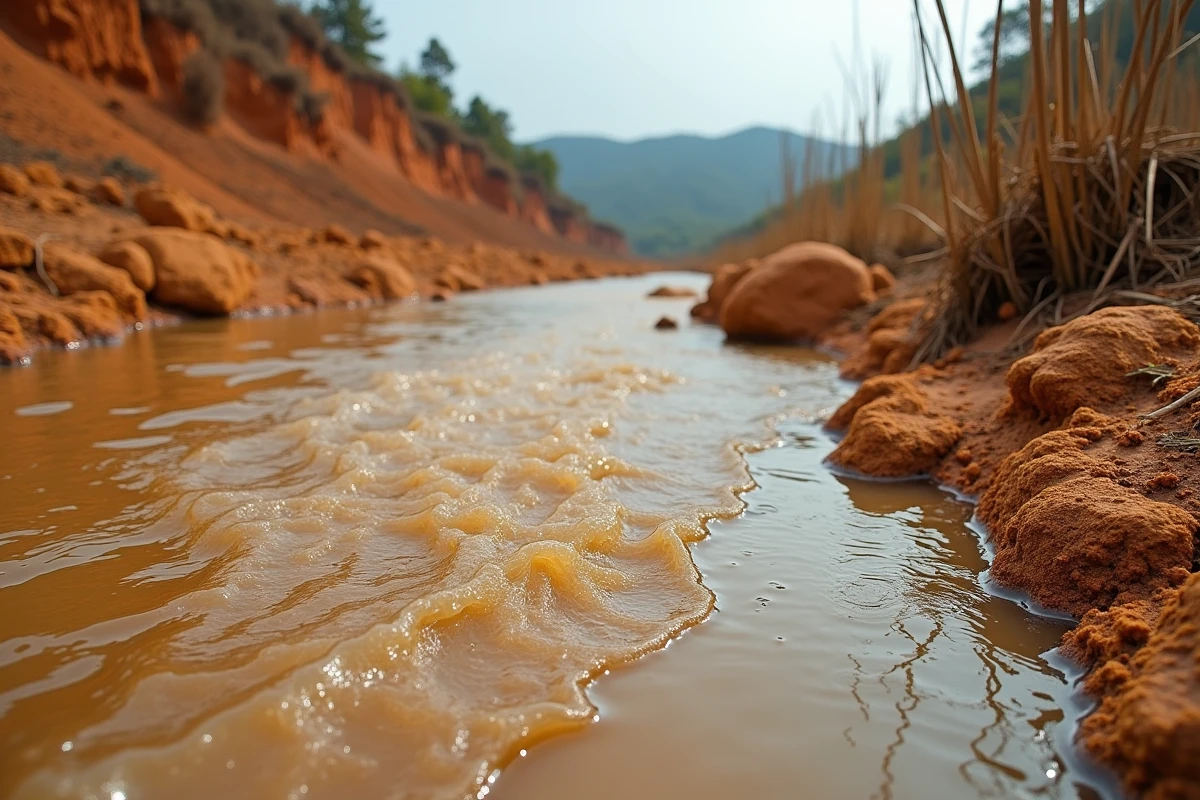 Rivière polluée par des sédiments miniers avec berges orange et végétation morte, conséquence directe de l'extraction minière