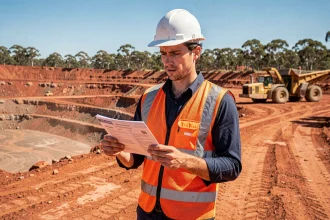 Jeune Français en tenue de sécurité tenant ses documents d'embauche à l'entrée d'une mine à ciel ouvert en Australie occidentale