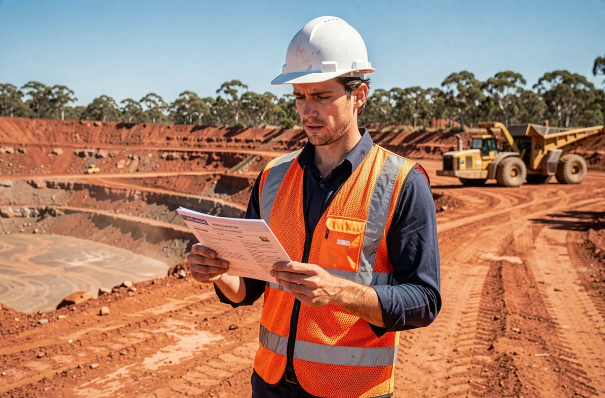 Jeune Français en tenue de sécurité tenant ses documents d'embauche à l'entrée d'une mine à ciel ouvert en Australie occidentale