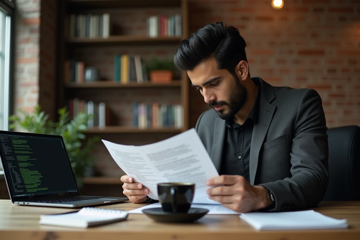 Jeune professionnel en cybersécurité préparant ses réponses aux questions d'entretien dans un espace de coworking avec un terminal informatique ouvert