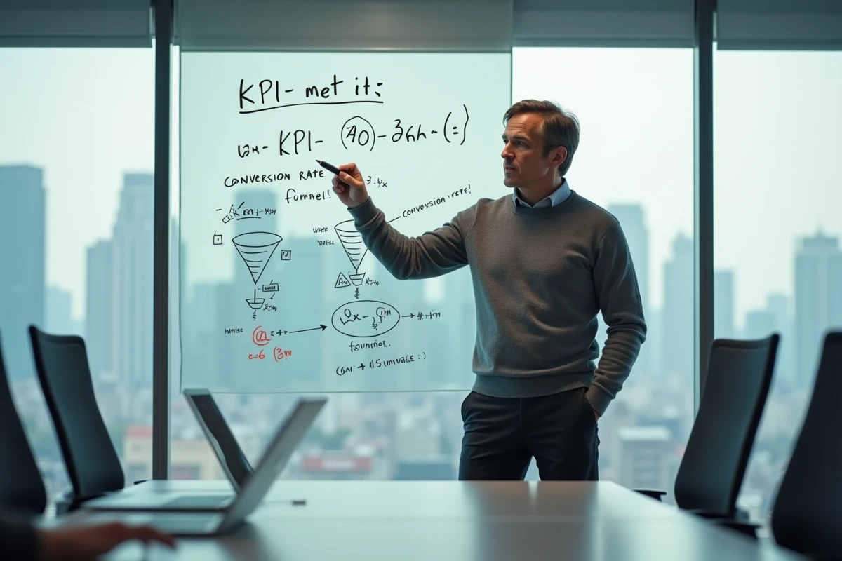 Responsable marketing présentant des indicateurs KPI sur un tableau blanc en réunion d'équipe digitale