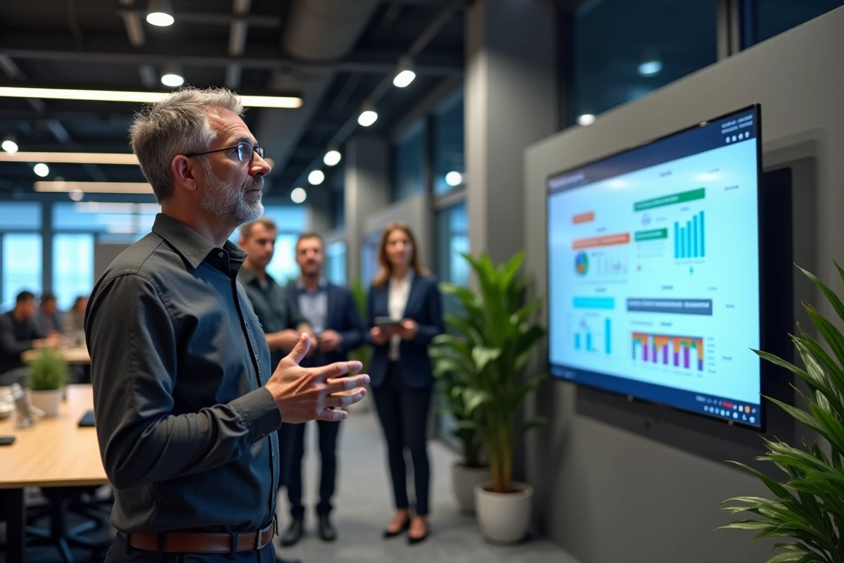 Directeur informatique présentant les modules d'un système ERP à son équipe devant un écran interactif