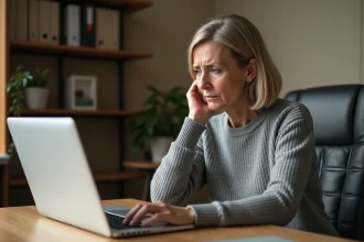 Femme frustrée devant son ordinateur portable avec une page de connexion Agendis 62 en erreur
