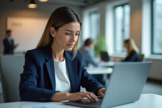 Femme professionnelle face à un problème de connexion sur un portail bancaire BNPP depuis son bureau