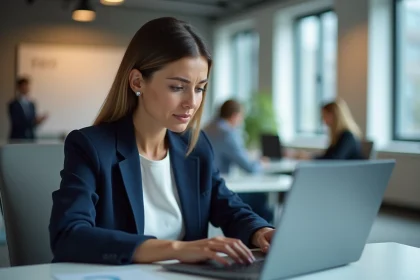 Femme professionnelle face à un problème de connexion sur un portail bancaire BNPP depuis son bureau