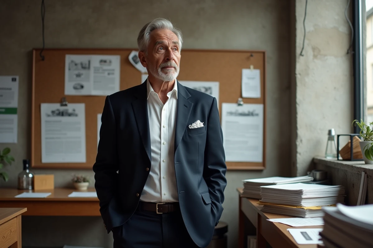 Producteur de cinéma influent dans son bureau parisien entouré d'affiches de films et de scénarios