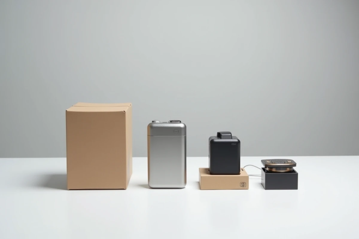 Produits à différents stades du cycle de vie disposés sur une surface blanche illustrant évolution et obsolescence