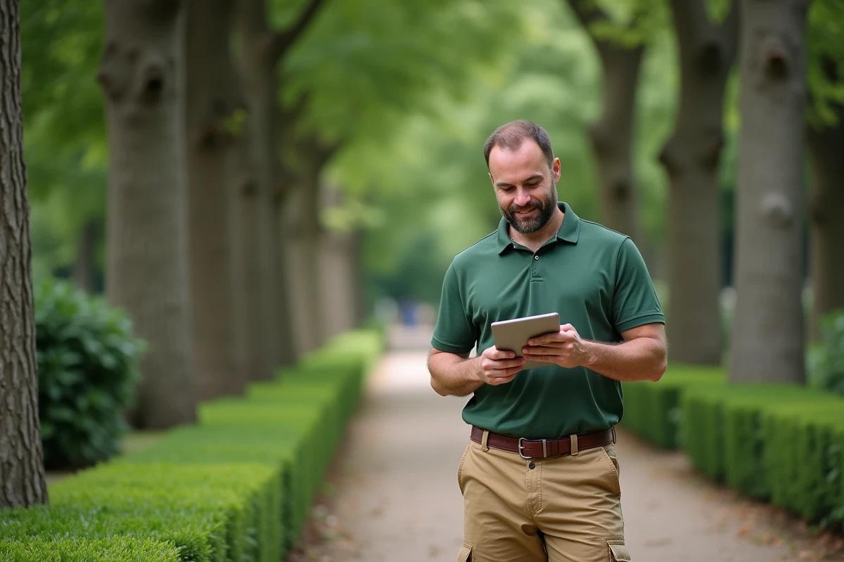 Professionnel de l'espace vert consultant une tablette dans un parc urbain pour prospecter de nouveaux clients