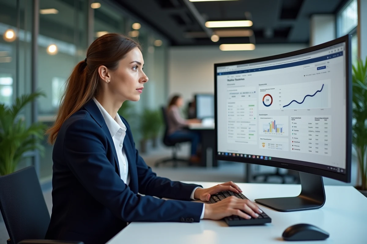 Professionnelle analysant un tableau de bord CRM sur un écran incurvé dans un bureau moderne pour optimiser la gestion de la relation client