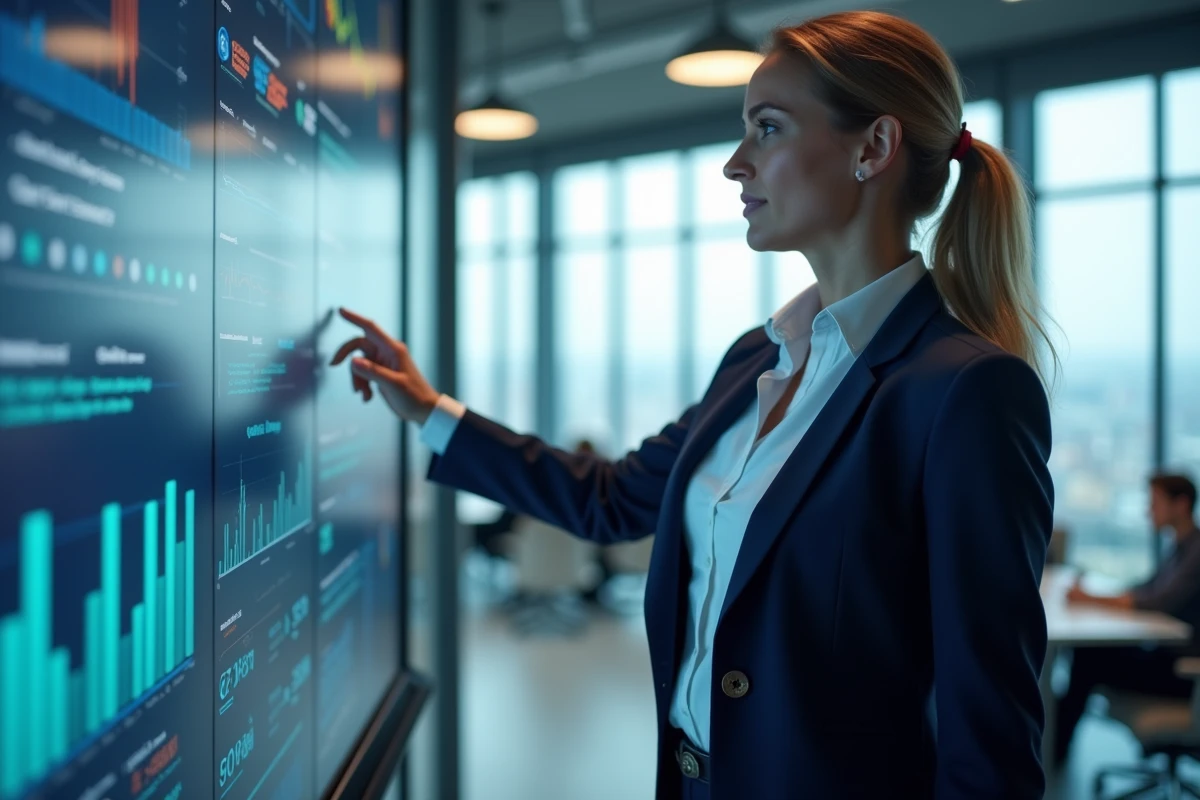 Professionnelle en marketing présentant des tableaux de bord analytiques sur un écran numérique dans un bureau moderne