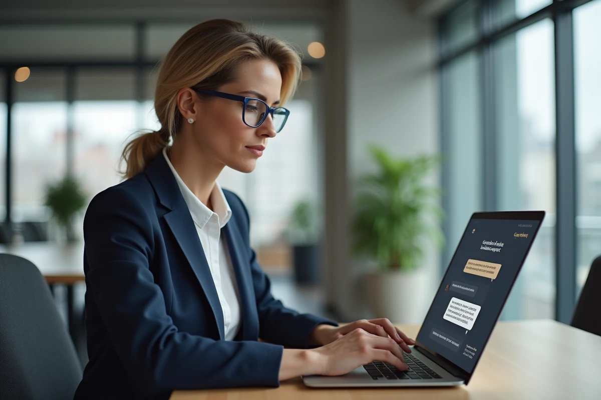 Professionnelle utilisant l'interface de chat IA Mistral Le Chat sur un ordinateur portable dans un bureau moderne