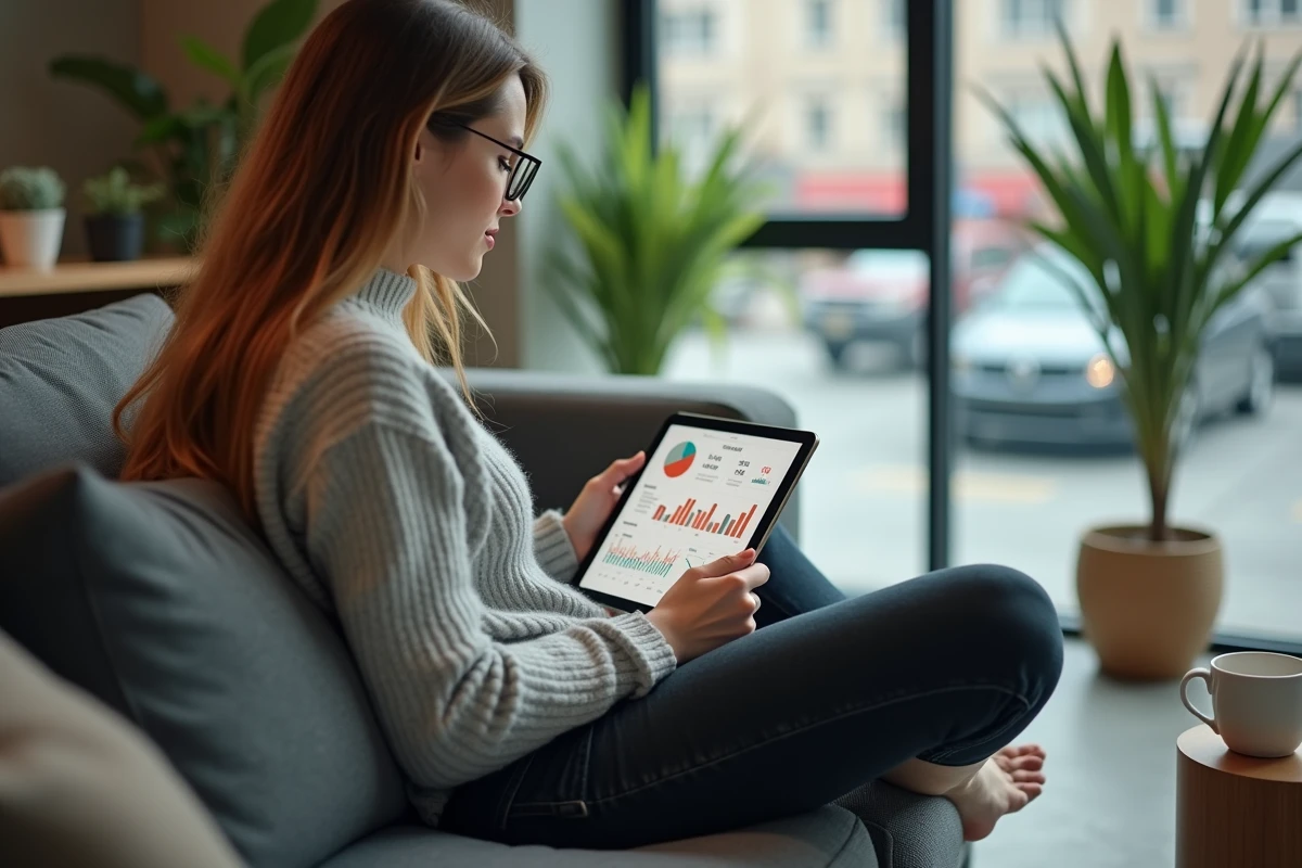 Jeune professionnelle consultant un tableau de bord de performance marketing KPI sur une tablette dans un espace de coworking