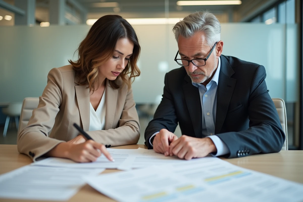 Deux professionnels d'une PME collaborant sur des contrats juridiques lors d'une réunion en salle de conférence