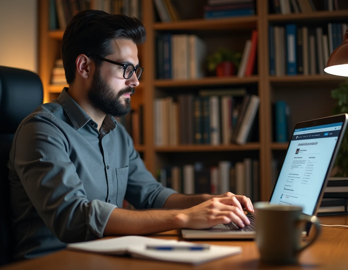Homme recherchant des données publiques d'entreprise sur le site officiel du répertoire Sirène depuis son bureau à domicile