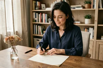 Femme écrivant une invitation élégante à la main sur papier crème avec un stylo plume sur un bureau en bois