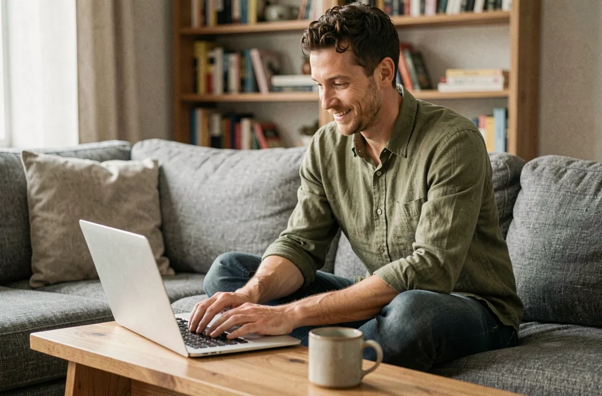 Homme rédigeant une invitation à un événement par e-mail sur son ordinateur portable dans un salon cosy