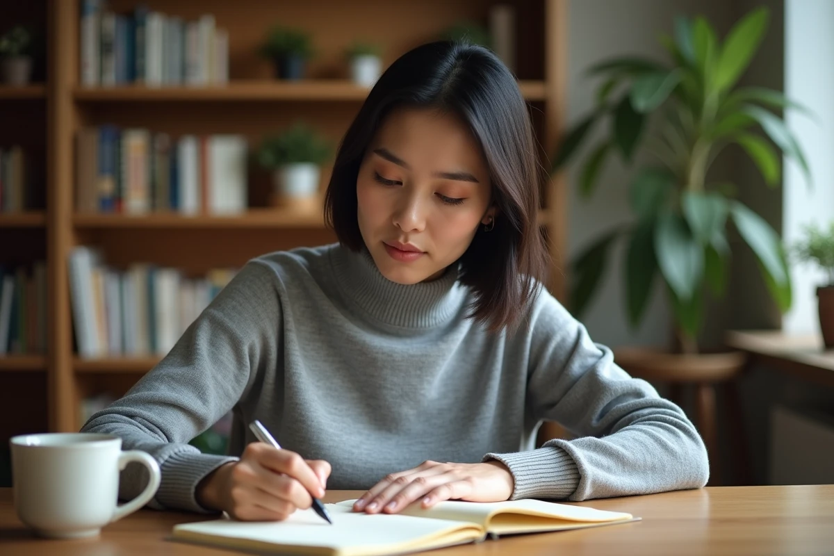 Femme rédigeant un mot de départ sincère à la main sur du papier crème dans un bureau calme