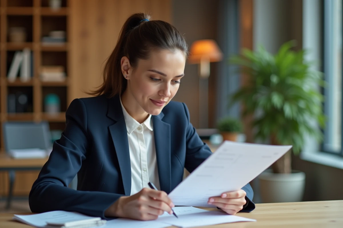 Femme professionnelle révisant un document écrit à son bureau dans un bureau moderne, illustrant les règles de rédaction professionnelle