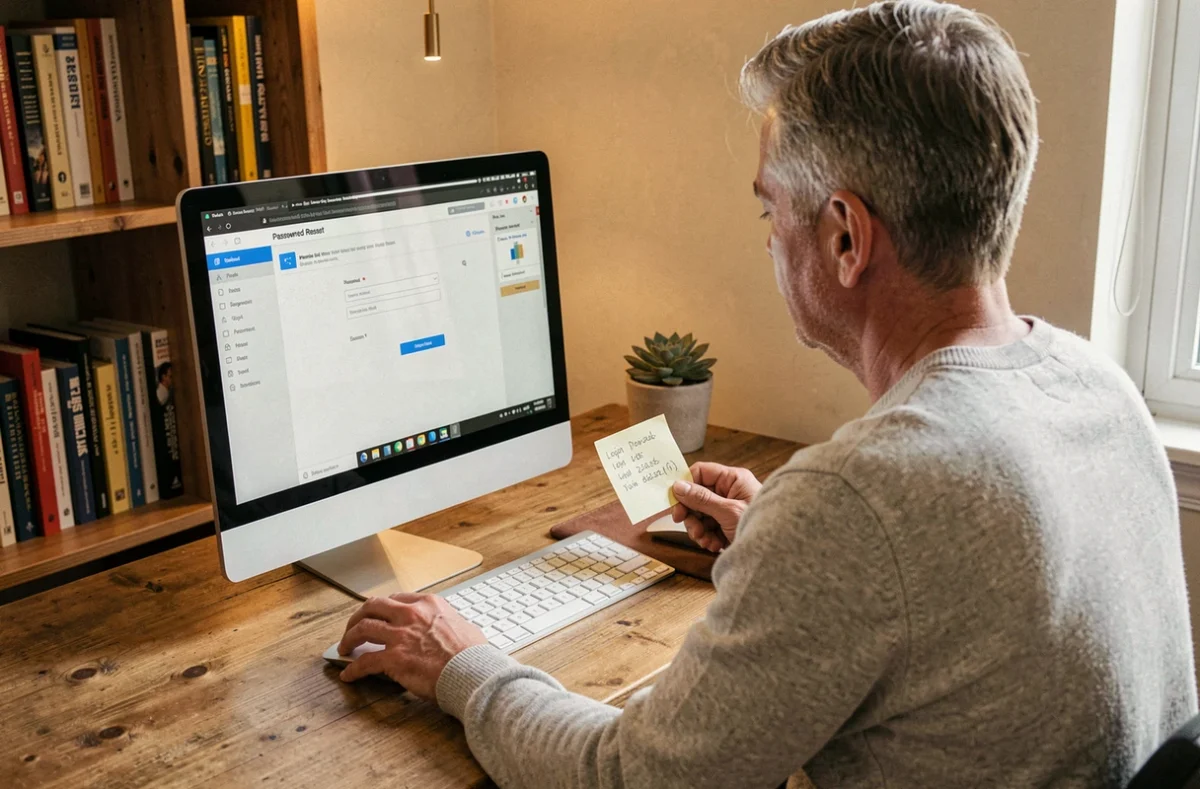 Homme réinitialisant son mot de passe extranet depuis son bureau à domicile