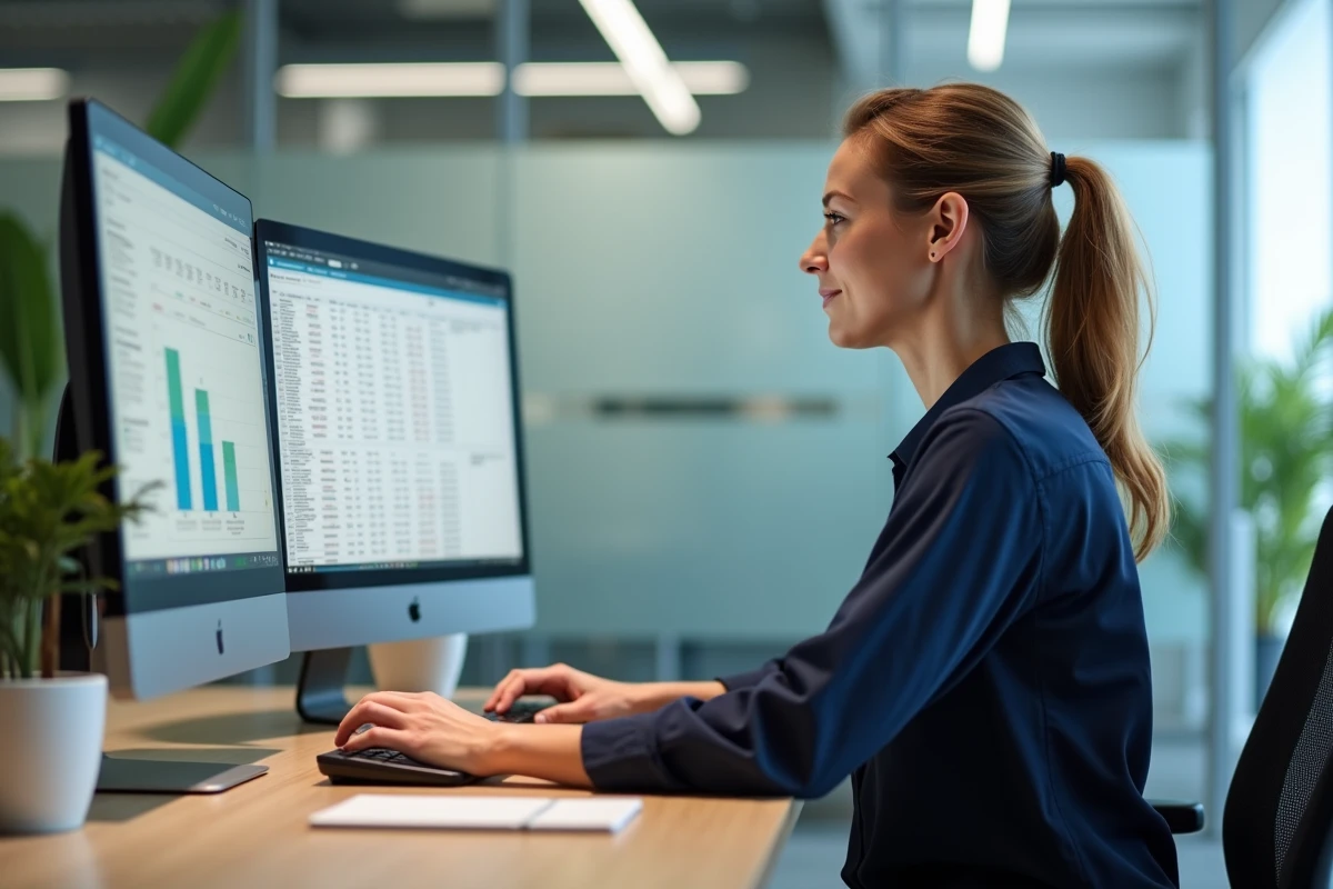Femme RH remplaçant Excel par un logiciel SIRH SaaS sur double écran dans un bureau moderne