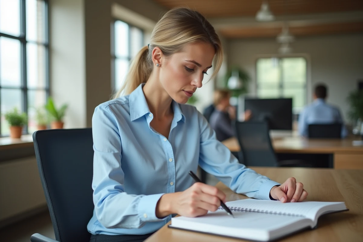 Femme concentrée qui reprend le travail à son bureau dans un open space moderne et lumineux