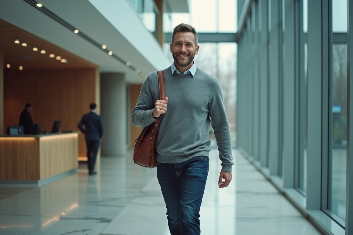 Homme dynamique qui retourne au bureau en marchant avec confiance dans le hall d'une entreprise moderne
