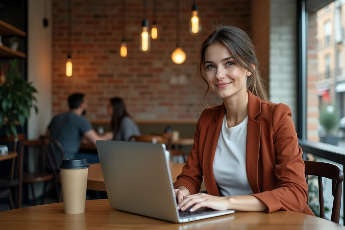 Jeune femme motivée qui reprend le travail dans un espace de coworking chaleureux avec son ordinateur portable
