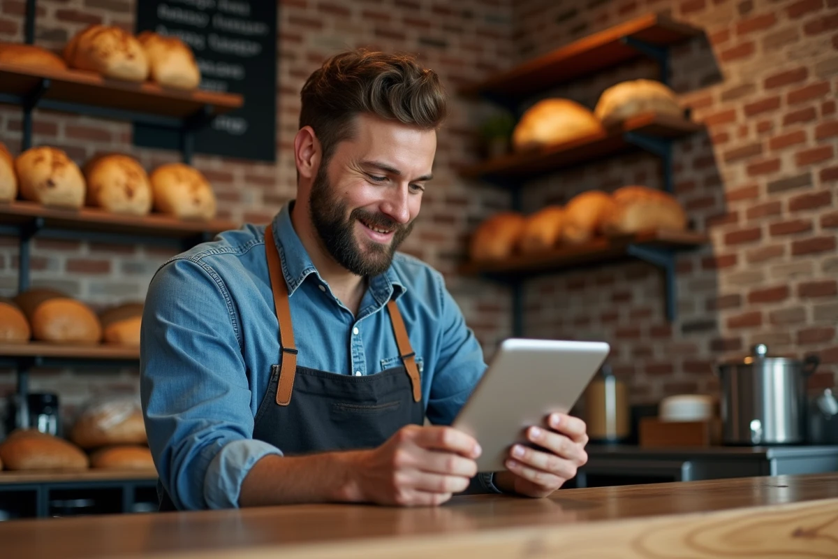 Propriétaire d'une boulangerie artisanale consultant les avis clients sur une tablette, symbolisant la réputation d'une petite entreprise locale