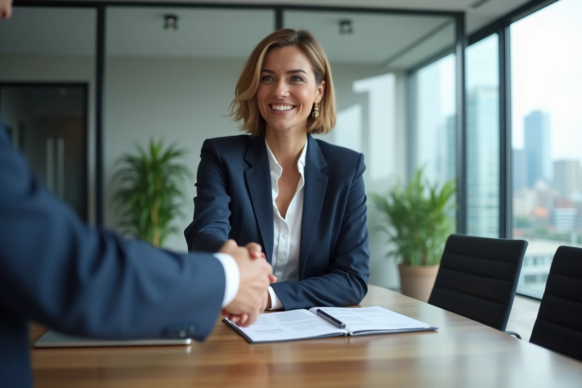 Femme professionnelle en blazer marine serrant la main d'un partenaire commercial dans une salle de réunion moderne, illustrant la réputation professionnelle et la confiance