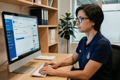 Responsable de club sportif accédant à l'extranet FBI V2 sur un ordinateur de bureau dans un bureau administratif moderne