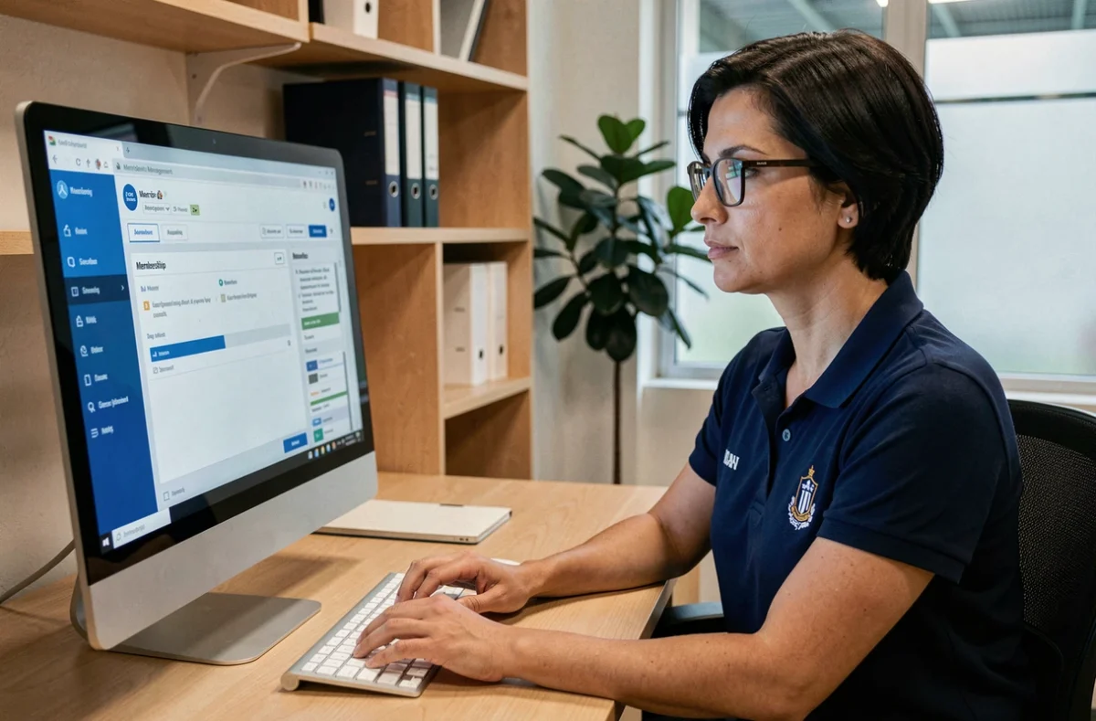 Responsable de club sportif accédant à l'extranet FBI V2 sur un ordinateur de bureau dans un bureau administratif moderne