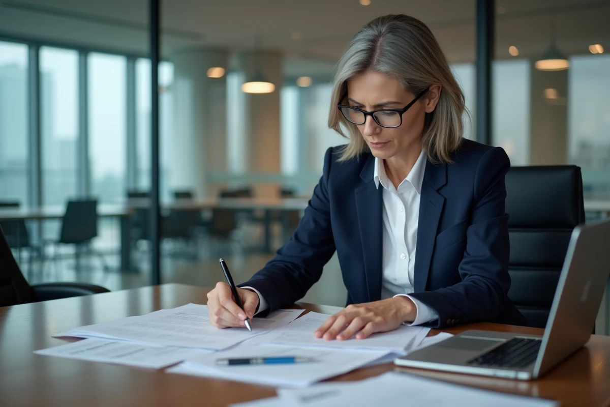 Responsable conformité analysant des documents d'audit réglementaire dans une salle de réunion d'entreprise