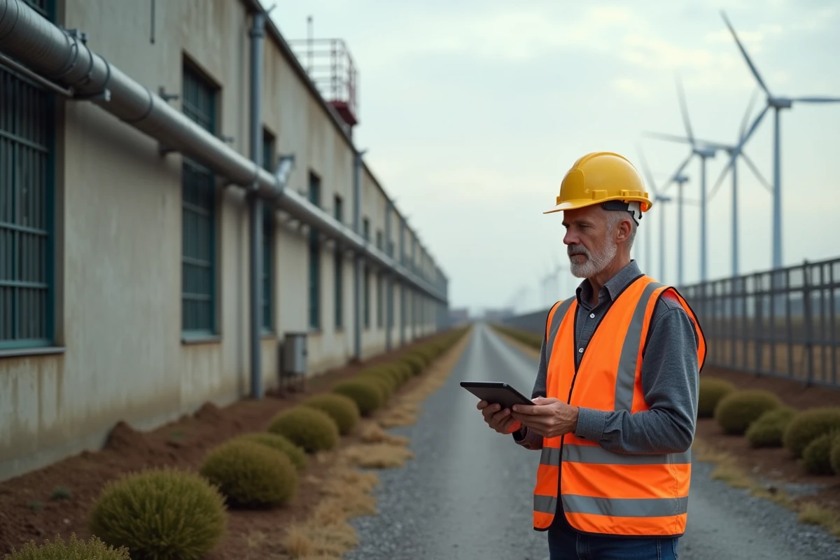 Responsable industriel consultant un tableau de bord environnemental devant une usine équipée de panneaux solaires et d'éoliennes