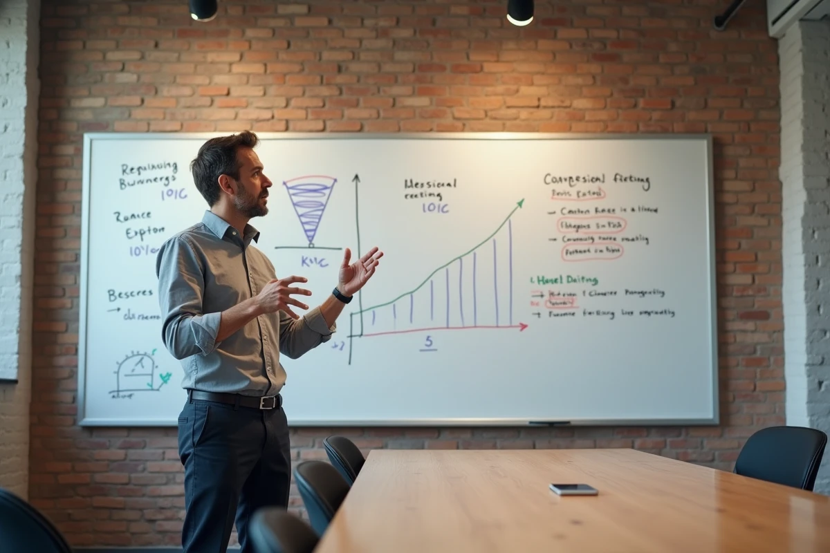 Responsable marketing présentant des indicateurs clés de performance KPI sur un tableau blanc en salle de réunion